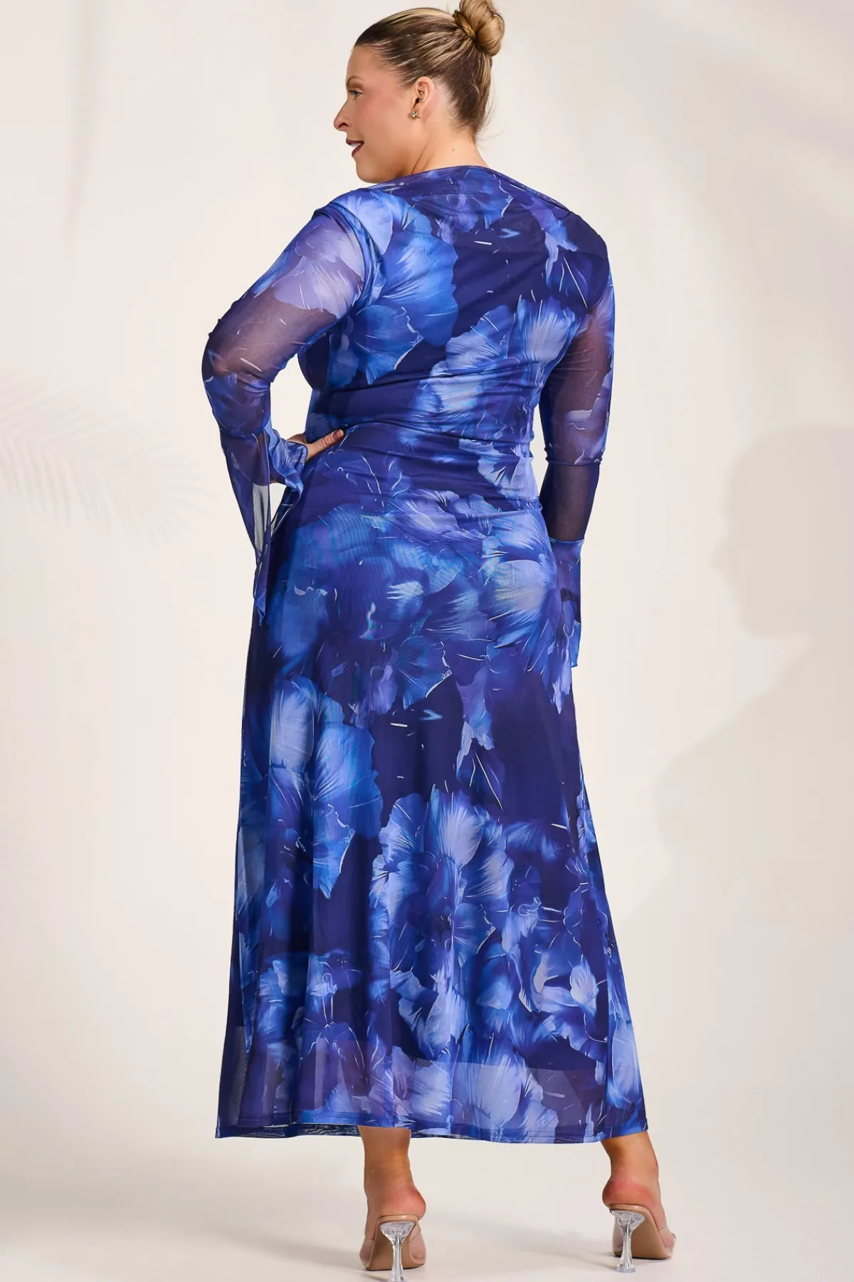 Jolie Moi Occasion Dresses|Mesh Dresses-Slash Neck Mesh Maxi Dress, Blue Abstract