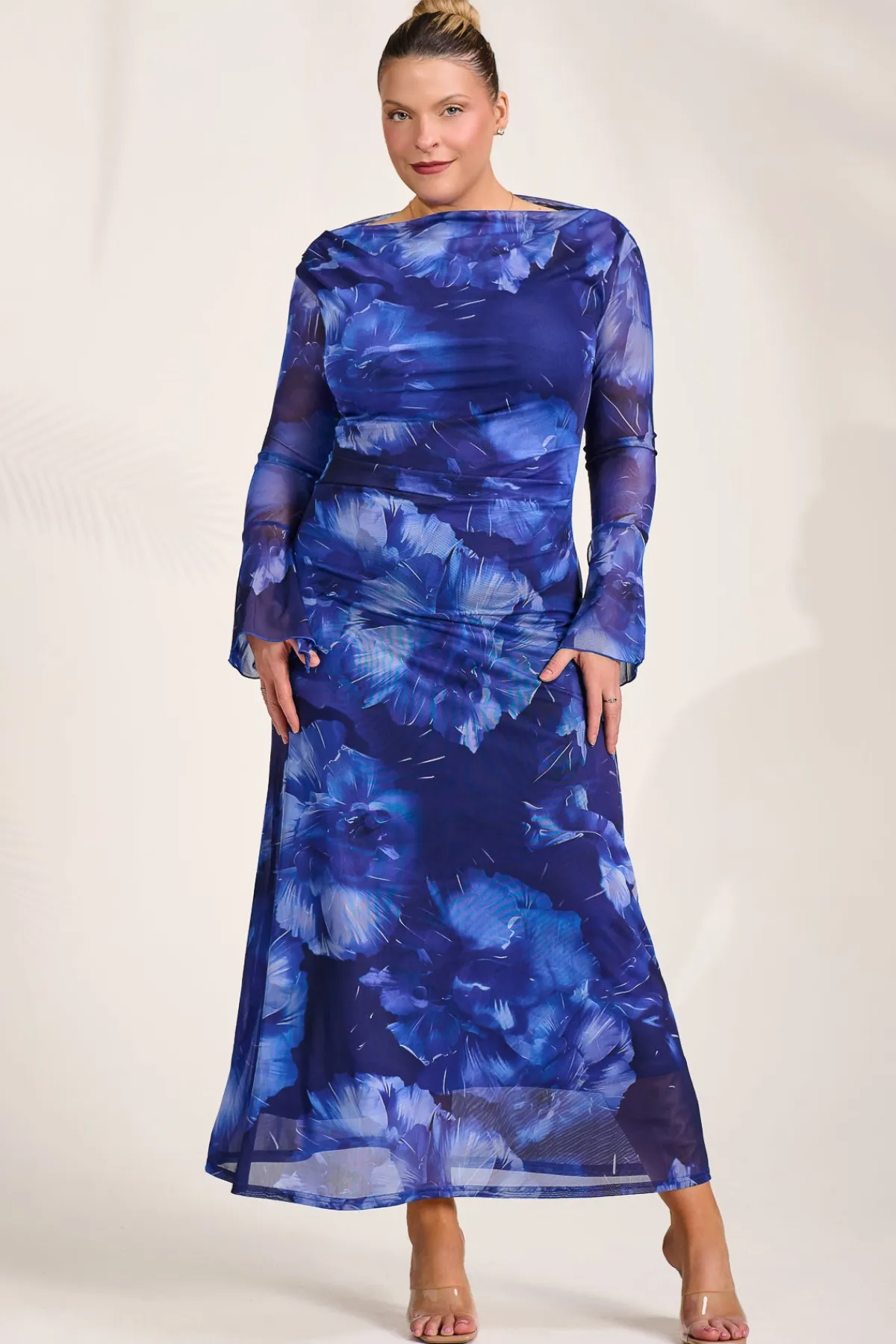 Jolie Moi Occasion Dresses|Mesh Dresses-Slash Neck Mesh Maxi Dress, Blue Abstract