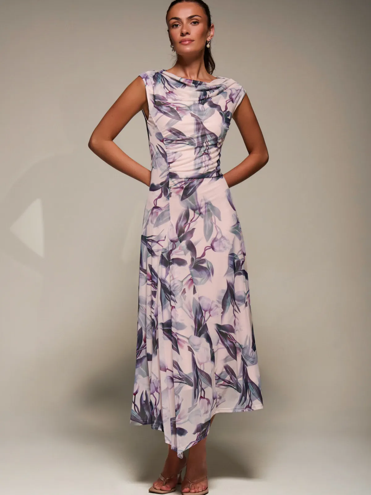 Jolie Moi Occasion Dresses|Floral Dresses-Slash Neck Ruched Mesh Maxi Dress, Beige Floral