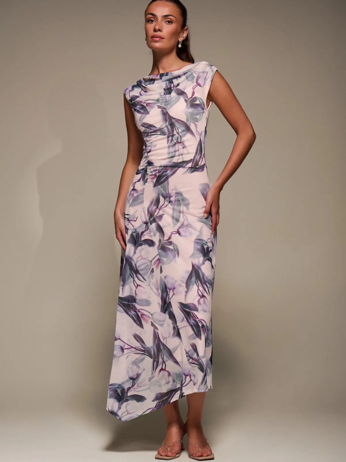 Jolie Moi Occasion Dresses|Floral Dresses-Slash Neck Ruched Mesh Maxi Dress, Beige Floral