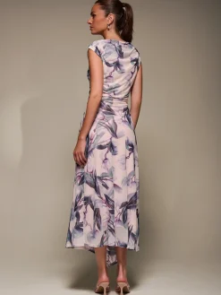 Jolie Moi Occasion Dresses|Floral Dresses-Slash Neck Ruched Mesh Maxi Dress, Beige Floral
