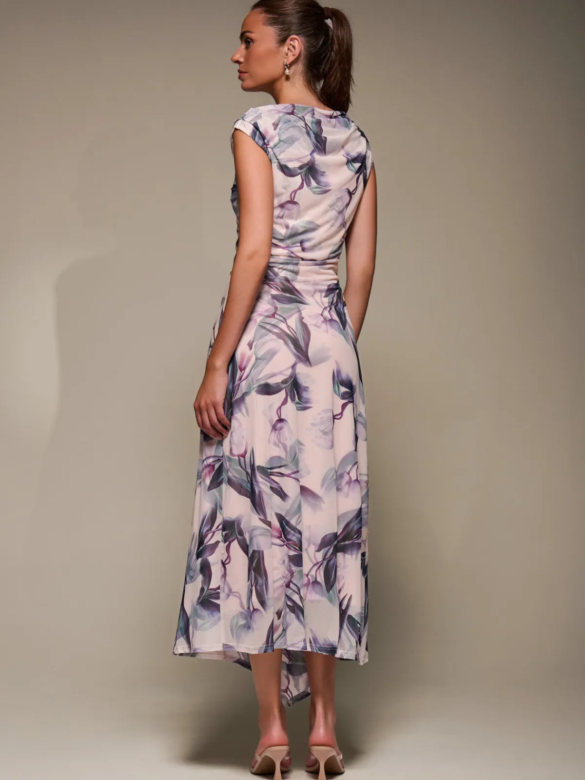 Jolie Moi Occasion Dresses|Floral Dresses-Slash Neck Ruched Mesh Maxi Dress, Beige Floral