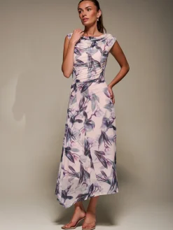 Jolie Moi Occasion Dresses|Floral Dresses-Slash Neck Ruched Mesh Maxi Dress, Beige Floral