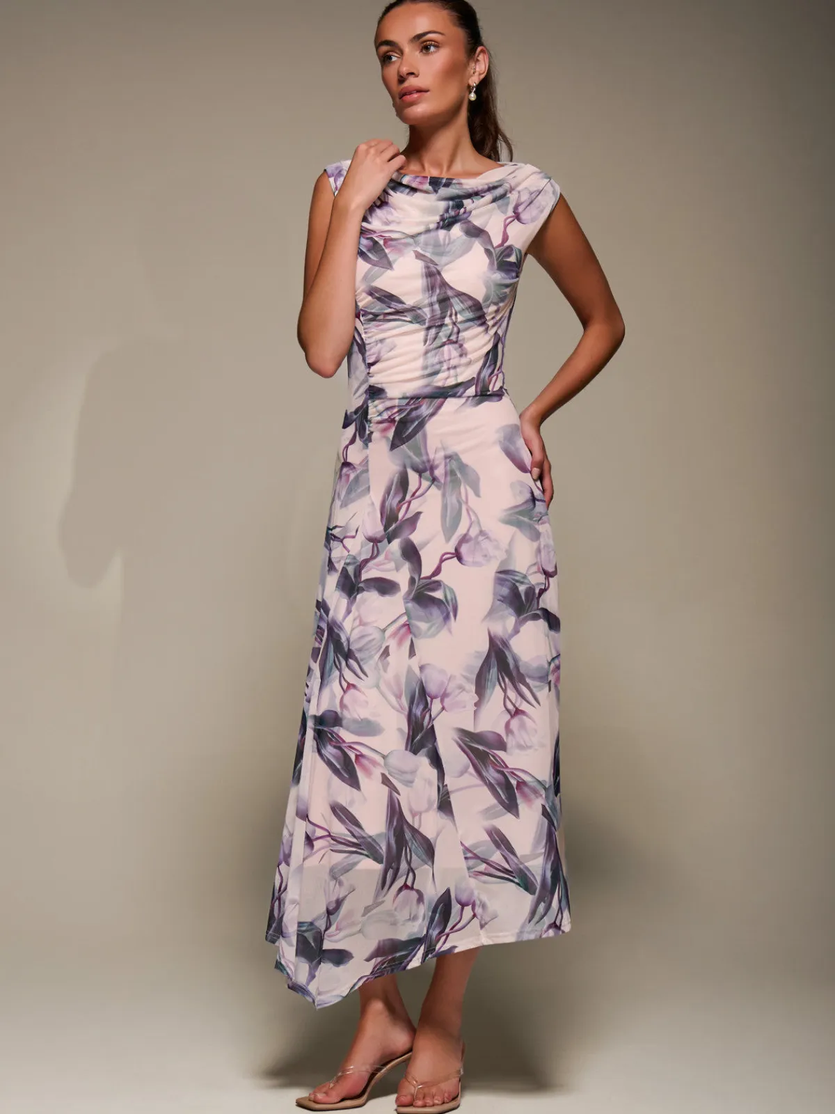 Jolie Moi Occasion Dresses|Floral Dresses-Slash Neck Ruched Mesh Maxi Dress, Beige Floral