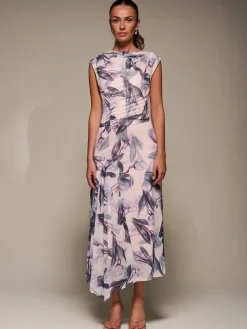 Jolie Moi Occasion Dresses|Floral Dresses-Slash Neck Ruched Mesh Maxi Dress, Beige Floral