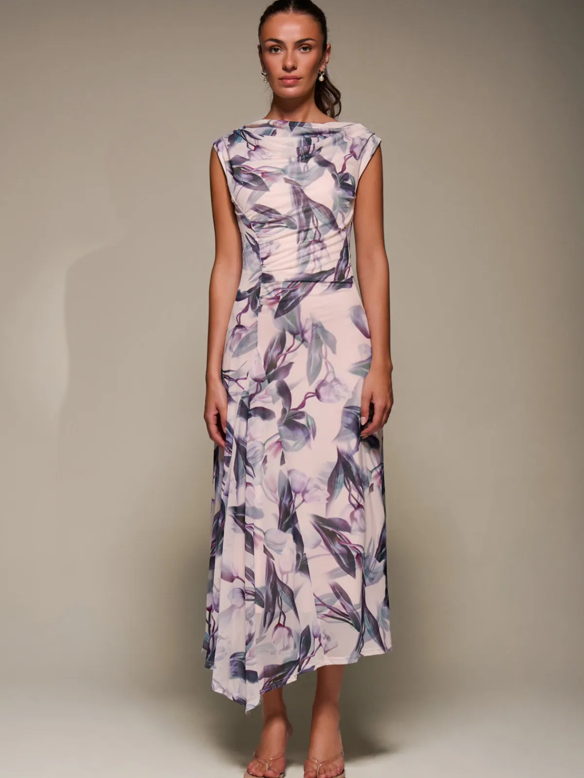 Jolie Moi Occasion Dresses|Floral Dresses-Slash Neck Ruched Mesh Maxi Dress, Beige Floral