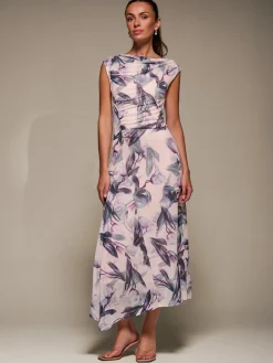 Jolie Moi Occasion Dresses|Floral Dresses-Slash Neck Ruched Mesh Maxi Dress, Beige Floral