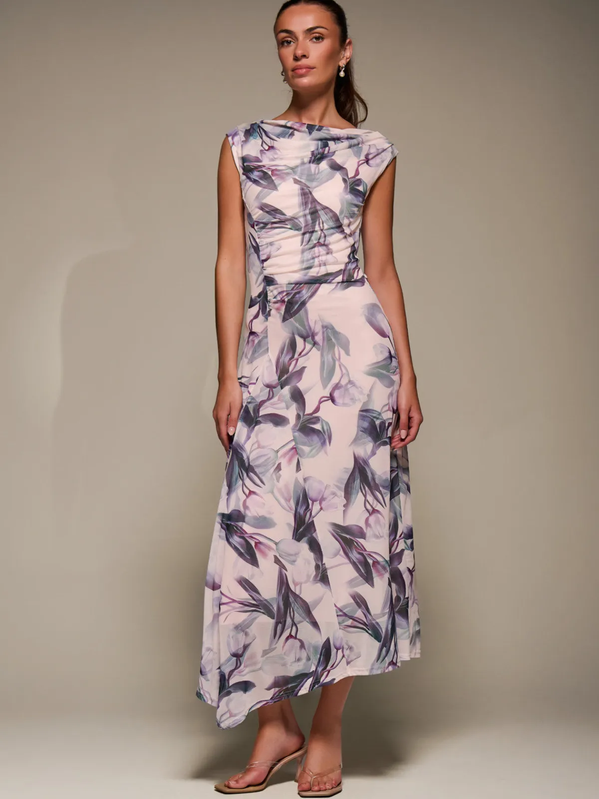 Jolie Moi Occasion Dresses|Floral Dresses-Slash Neck Ruched Mesh Maxi Dress, Beige Floral