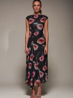 Jolie Moi Occasion Dresses|Floral Dresses-Slash Neck Ruched Mesh Maxi Dress, Black Floral