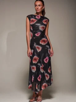 Jolie Moi Occasion Dresses|Floral Dresses-Slash Neck Ruched Mesh Maxi Dress, Black Floral