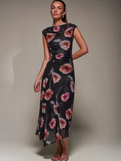 Jolie Moi Occasion Dresses|Floral Dresses-Slash Neck Ruched Mesh Maxi Dress, Black Floral