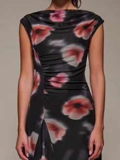 Jolie Moi Occasion Dresses|Floral Dresses-Slash Neck Ruched Mesh Maxi Dress, Black Floral