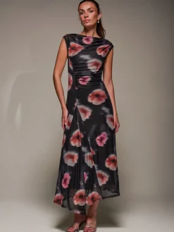 Jolie Moi Occasion Dresses|Floral Dresses-Slash Neck Ruched Mesh Maxi Dress, Black Floral