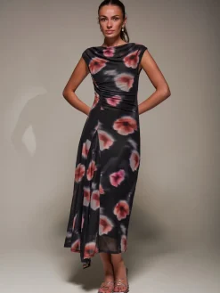 Jolie Moi Occasion Dresses|Floral Dresses-Slash Neck Ruched Mesh Maxi Dress, Black Floral