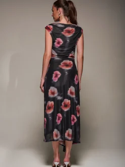 Jolie Moi Occasion Dresses|Floral Dresses-Slash Neck Ruched Mesh Maxi Dress, Black Floral