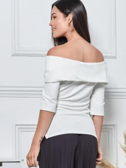 Jolie Moi Tops-3/4 Sleeve Bardot Neck Top, White