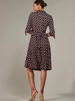 Jolie Moi Shirt Dresses|Office Dresses-¾ Sleeve Button Up Midi Dress, Navy Pattern