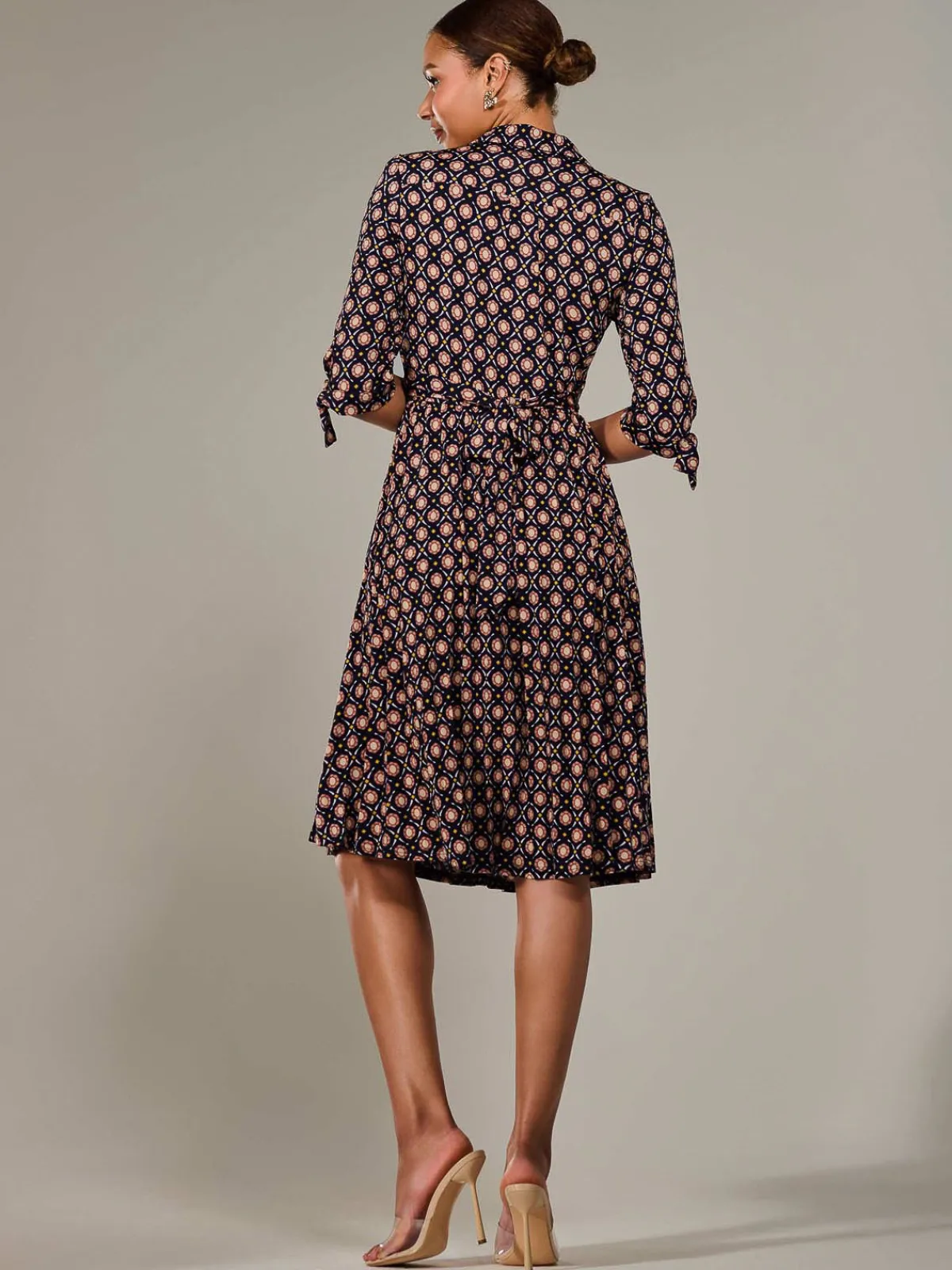 Jolie Moi Shirt Dresses|Office Dresses-¾ Sleeve Button Up Midi Dress, Navy Pattern