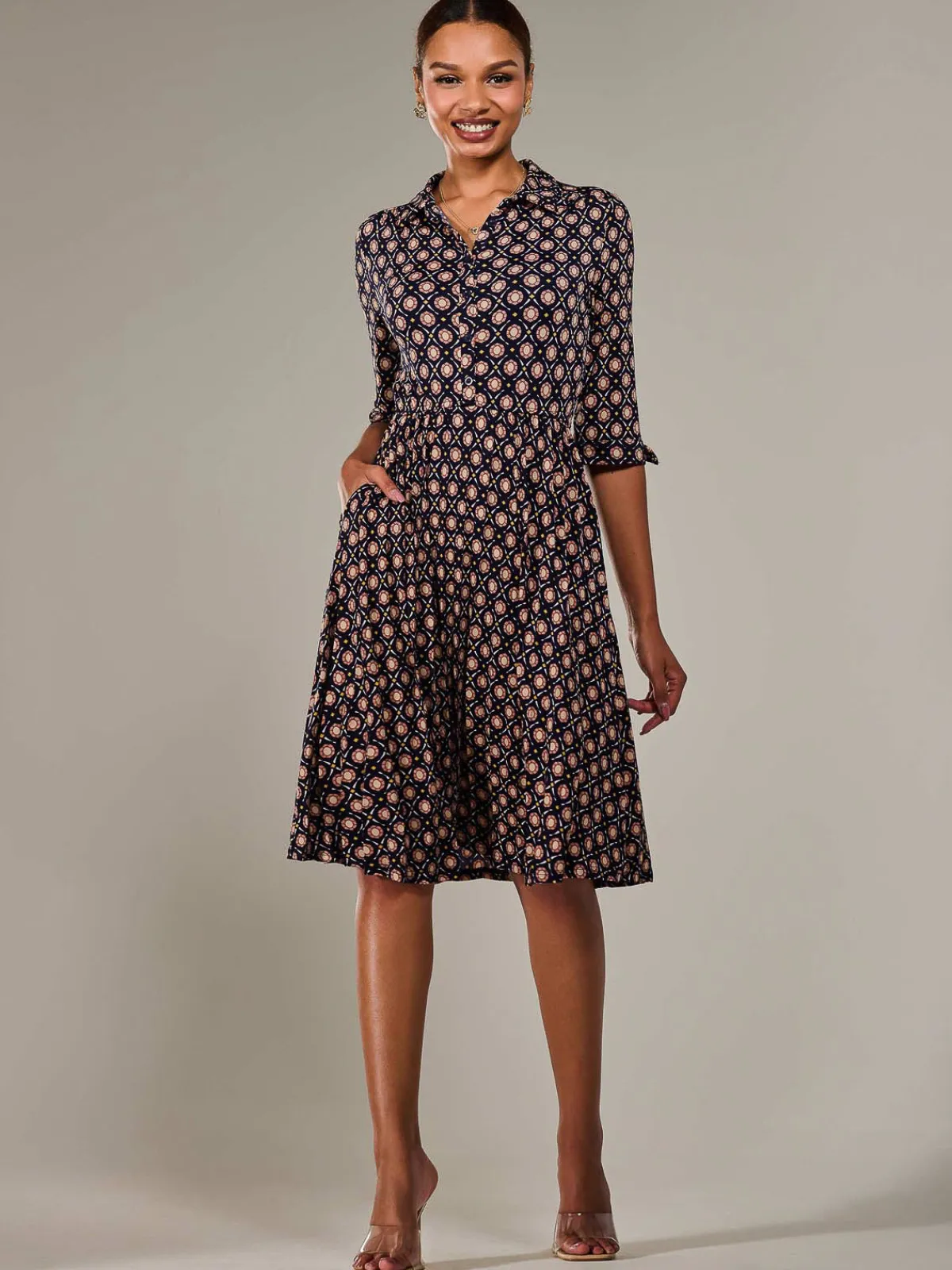 Jolie Moi Shirt Dresses|Office Dresses-¾ Sleeve Button Up Midi Dress, Navy Pattern