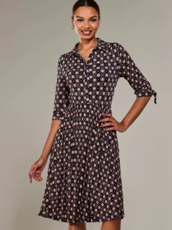 Jolie Moi Shirt Dresses|Office Dresses-¾ Sleeve Button Up Midi Dress, Navy Pattern