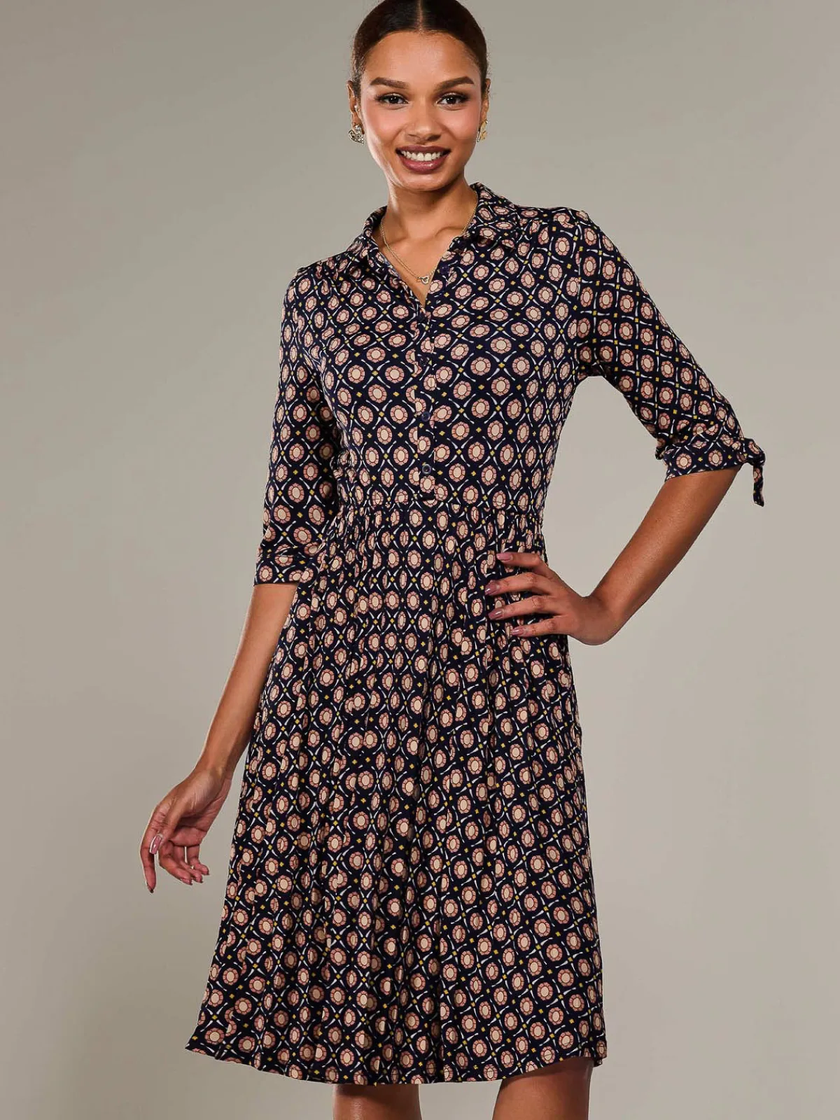 Jolie Moi Shirt Dresses|Office Dresses-¾ Sleeve Button Up Midi Dress, Navy Pattern