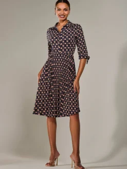 Jolie Moi Shirt Dresses|Office Dresses-¾ Sleeve Button Up Midi Dress, Navy Pattern