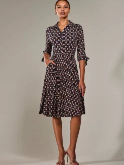 Jolie Moi Shirt Dresses|Office Dresses-¾ Sleeve Button Up Midi Dress, Navy Pattern
