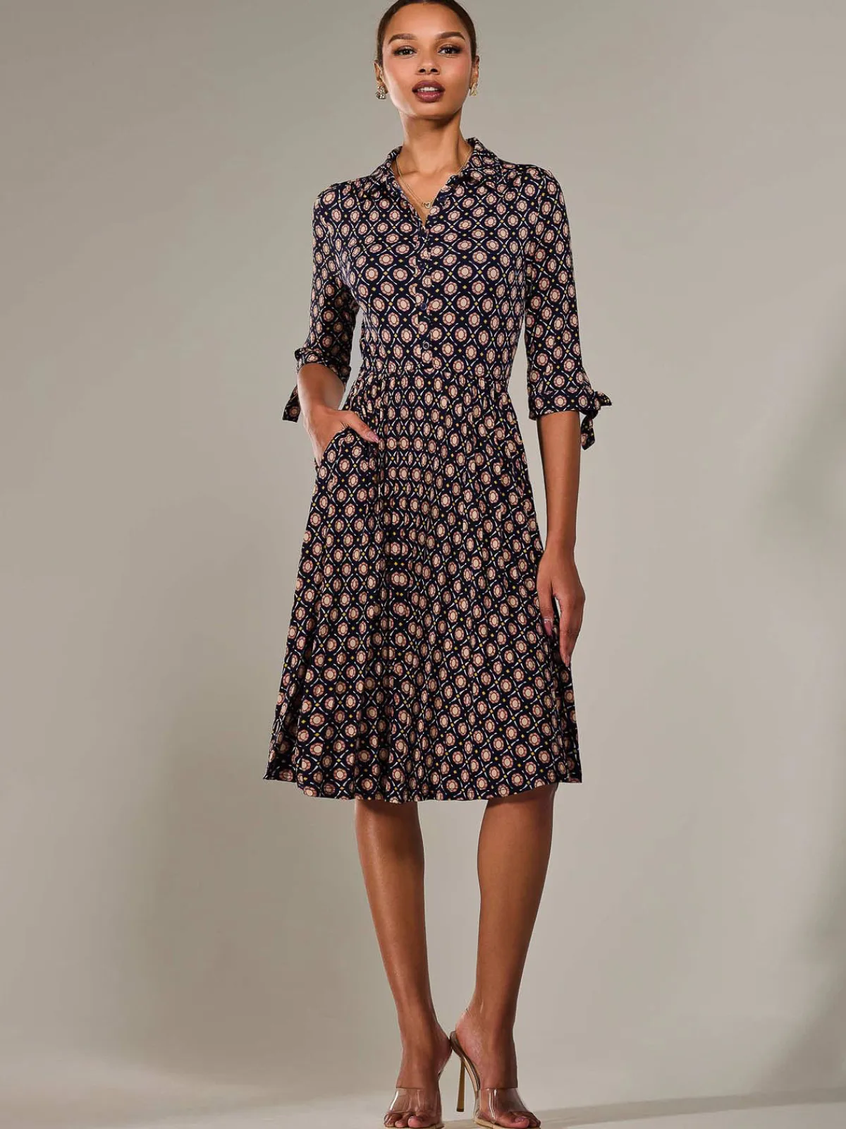 Jolie Moi Shirt Dresses|Office Dresses-¾ Sleeve Button Up Midi Dress, Navy Pattern