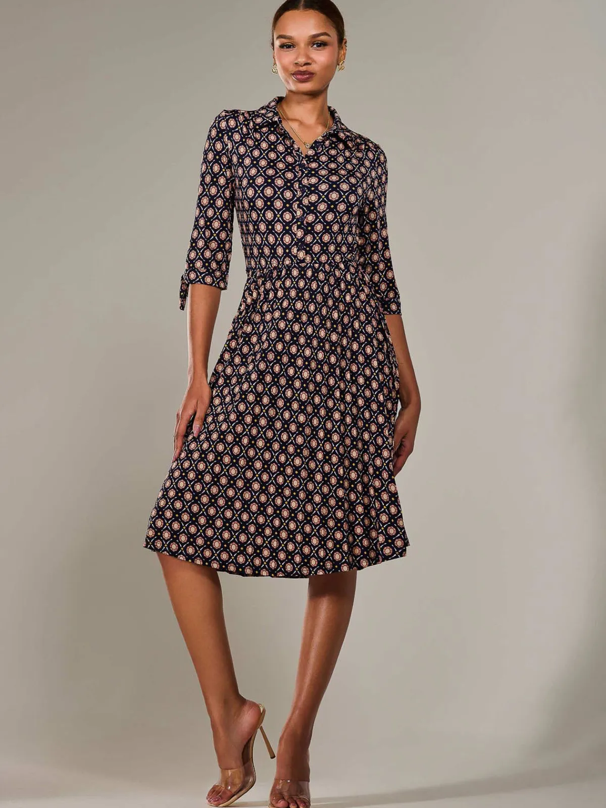 Jolie Moi Shirt Dresses|Office Dresses-¾ Sleeve Button Up Midi Dress, Navy Pattern