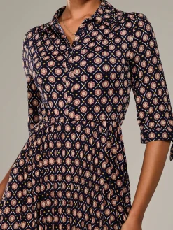 Jolie Moi Shirt Dresses|Office Dresses-¾ Sleeve Button Up Midi Dress, Navy Pattern
