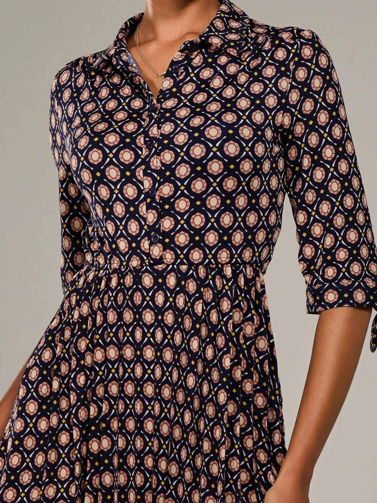Jolie Moi Shirt Dresses|Office Dresses-¾ Sleeve Button Up Midi Dress, Navy Pattern