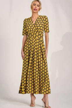 Jolie Moi Jersey Dresses|Weekend Casuals-Sleeved Jersey Maxi Dress, Yellow Geo