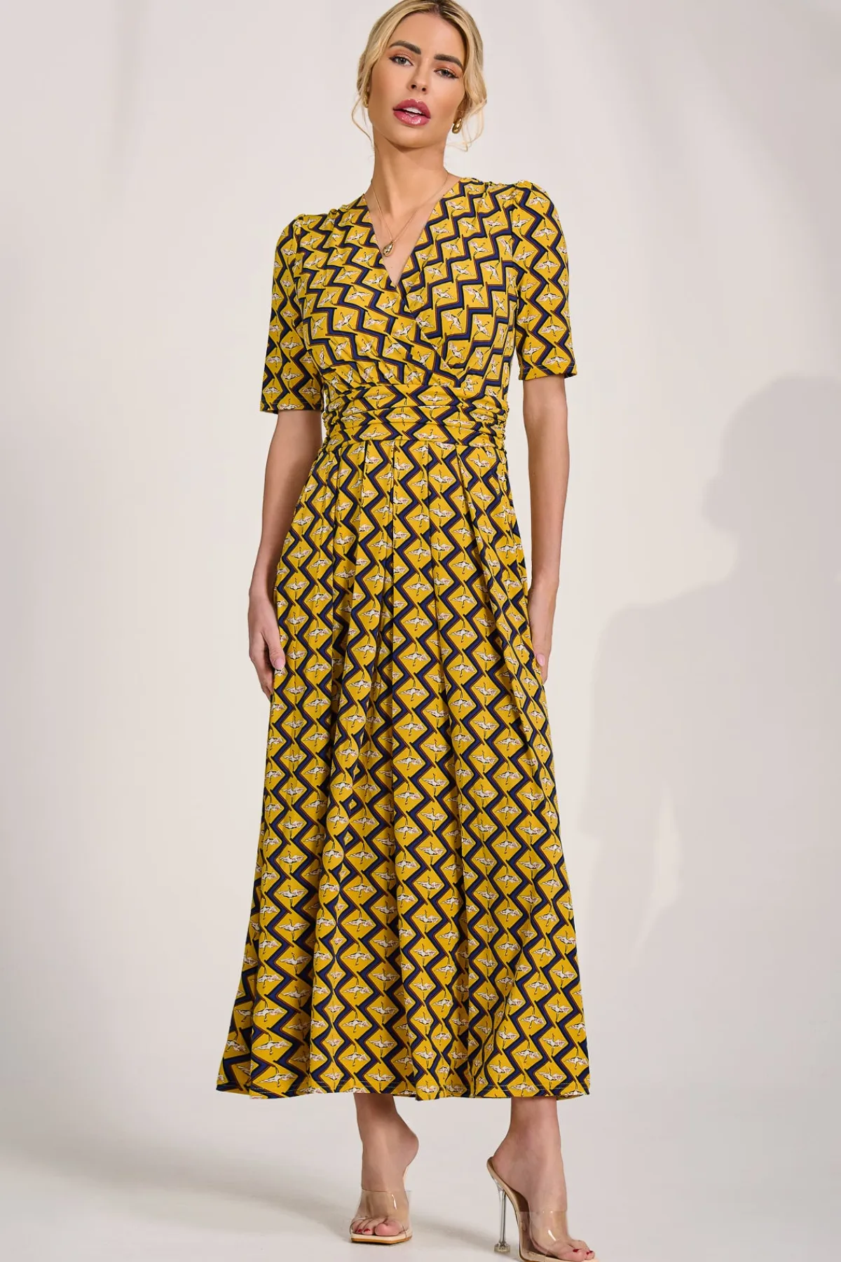 Jolie Moi Jersey Dresses|Weekend Casuals-Sleeved Jersey Maxi Dress, Yellow Geo