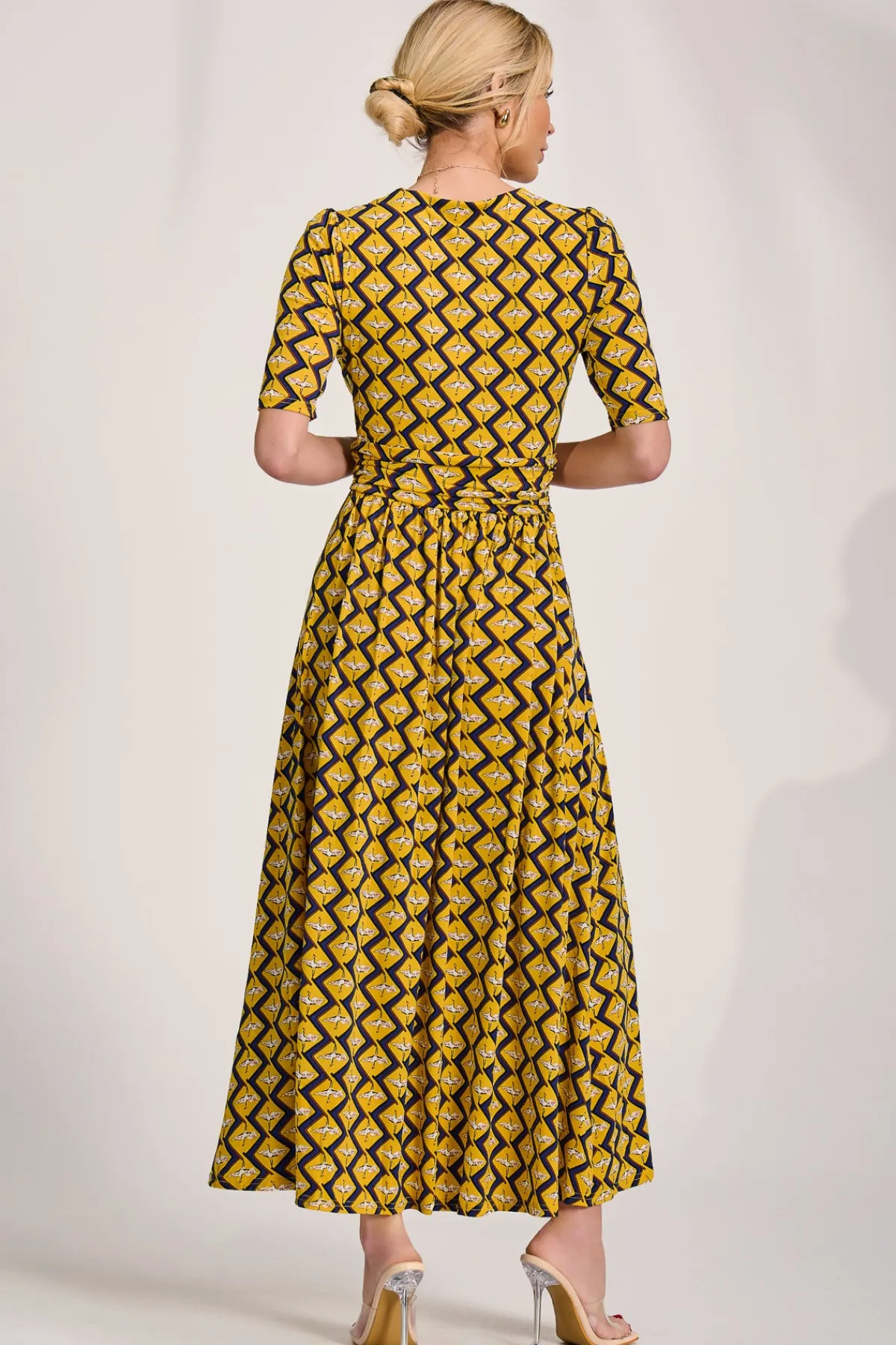Jolie Moi Jersey Dresses|Weekend Casuals-Sleeved Jersey Maxi Dress, Yellow Geo