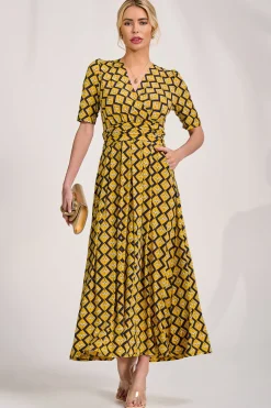 Jolie Moi Jersey Dresses|Weekend Casuals-Sleeved Jersey Maxi Dress, Yellow Geo