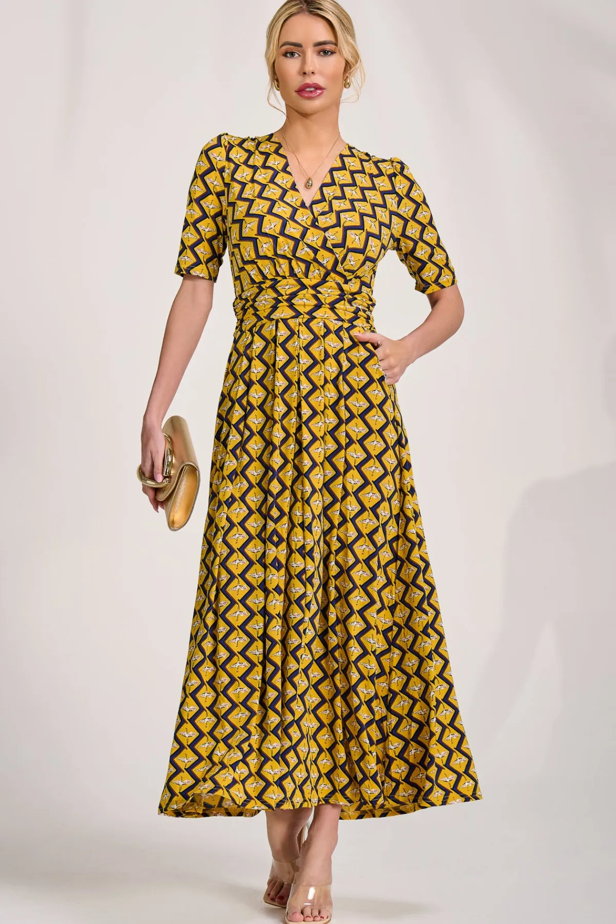 Jolie Moi Jersey Dresses|Weekend Casuals-Sleeved Jersey Maxi Dress, Yellow Geo