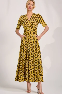 Jolie Moi Jersey Dresses|Weekend Casuals-Sleeved Jersey Maxi Dress, Yellow Geo