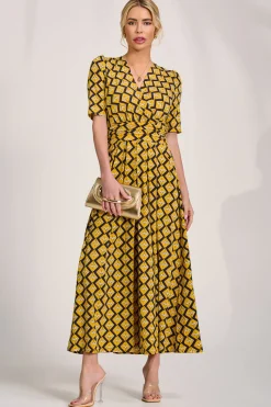 Jolie Moi Jersey Dresses|Weekend Casuals-Sleeved Jersey Maxi Dress, Yellow Geo