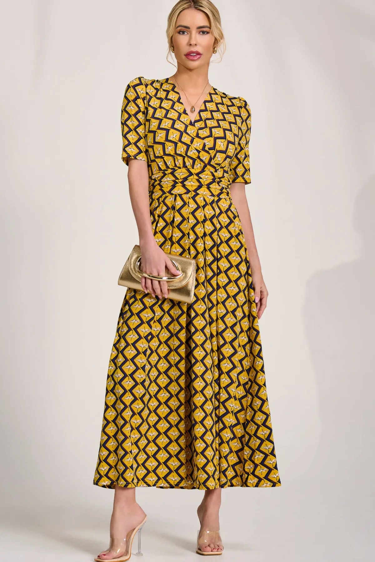 Jolie Moi Jersey Dresses|Weekend Casuals-Sleeved Jersey Maxi Dress, Yellow Geo