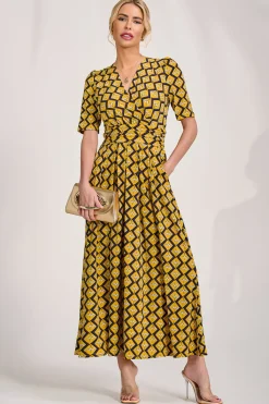 Jolie Moi Jersey Dresses|Weekend Casuals-Sleeved Jersey Maxi Dress, Yellow Geo