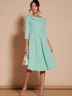 Jolie Moi Occasion Dresses|Midi Dresses-3/4 Sleeve Fold Neck Midi Dress, Light Green