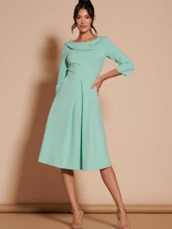Jolie Moi Occasion Dresses|Midi Dresses-3/4 Sleeve Fold Neck Midi Dress, Light Green