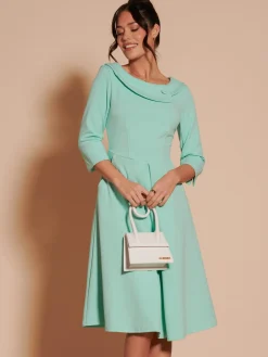 Jolie Moi Occasion Dresses|Midi Dresses-3/4 Sleeve Fold Neck Midi Dress, Light Green