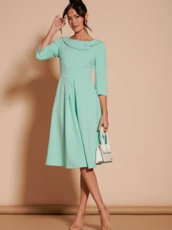 Jolie Moi Occasion Dresses|Midi Dresses-3/4 Sleeve Fold Neck Midi Dress, Light Green