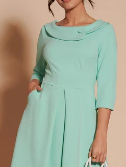 Jolie Moi Occasion Dresses|Midi Dresses-3/4 Sleeve Fold Neck Midi Dress, Light Green