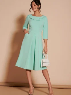 Jolie Moi Occasion Dresses|Midi Dresses-3/4 Sleeve Fold Neck Midi Dress, Light Green