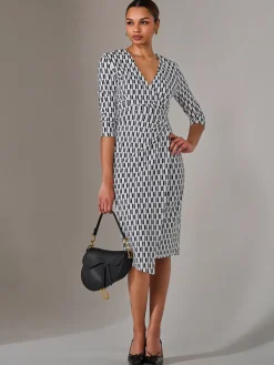 Jolie Moi Office Wear|Midi Dresses-3/4 Sleeve Geo Shift Midi Dress, White Geo