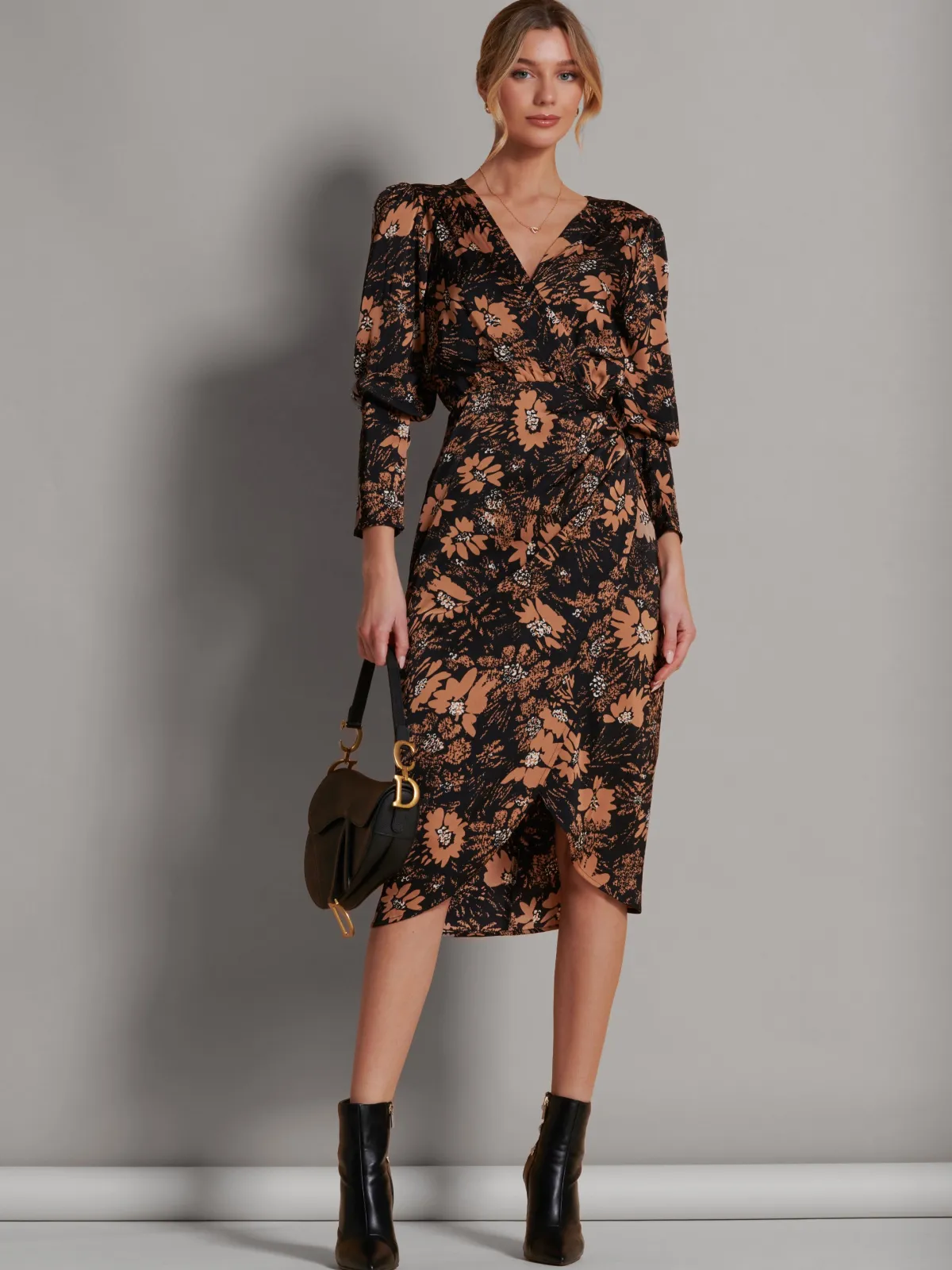 Jolie Moi Occasion Dresses|Midi Dresses-Sleeveless Bodycon Midi Dress, Brown Floral