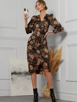 Jolie Moi Occasion Dresses|Midi Dresses-Sleeveless Bodycon Midi Dress, Brown Floral