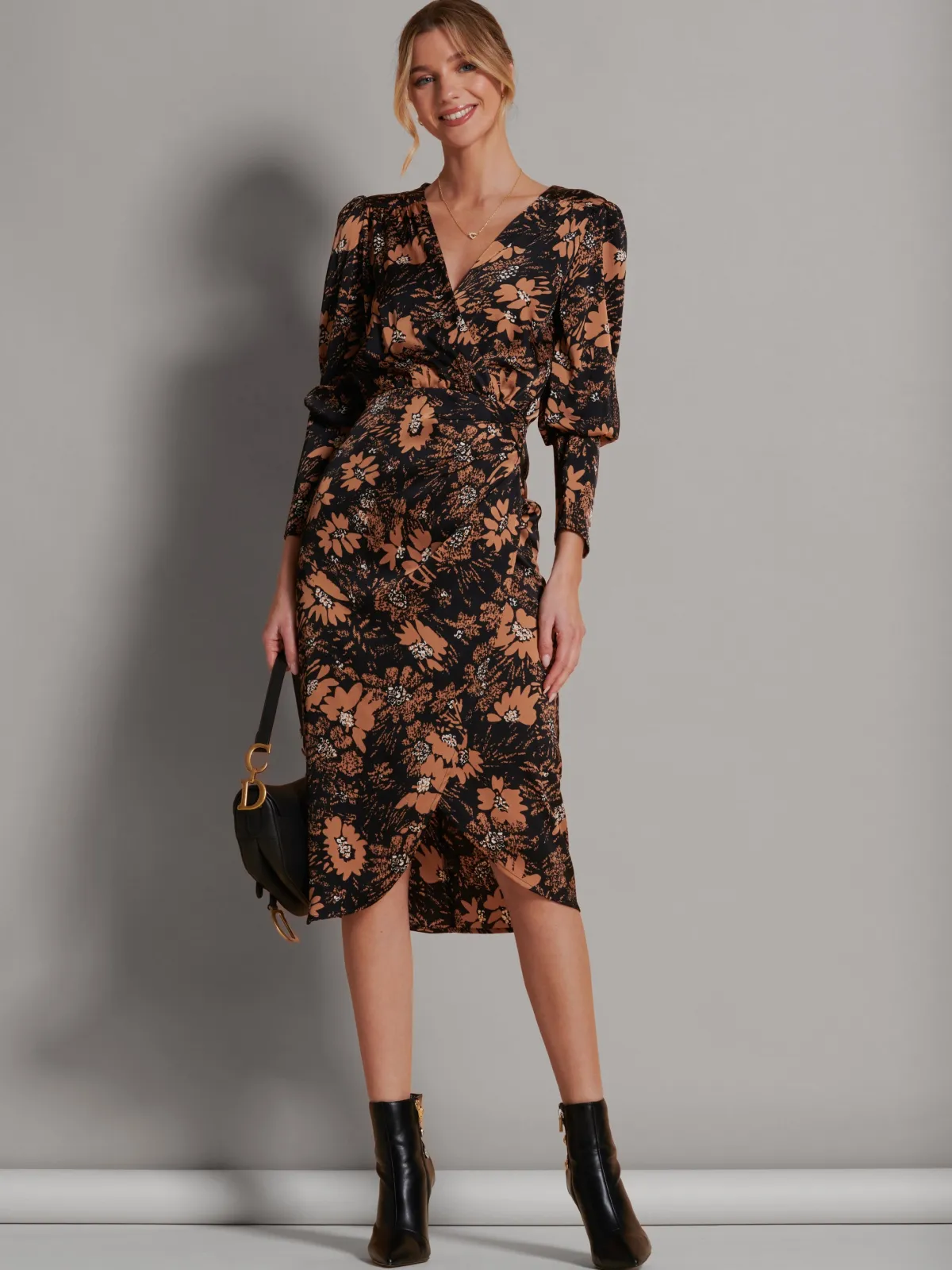 Jolie Moi Occasion Dresses|Midi Dresses-Sleeveless Bodycon Midi Dress, Brown Floral